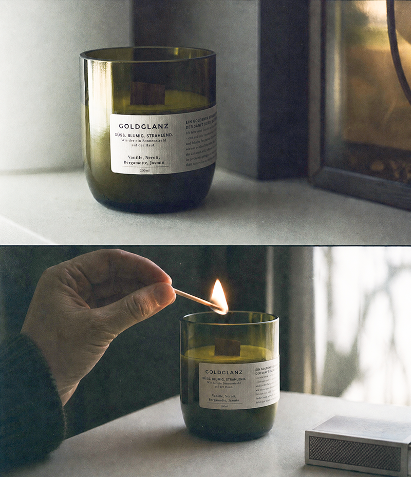 GOLDGLANZ 480ml Duftkerze aus veganem Sojawachs mit Vanille, Neroli, Bergamotte und Jasmin in upgecycelter Weinflasche