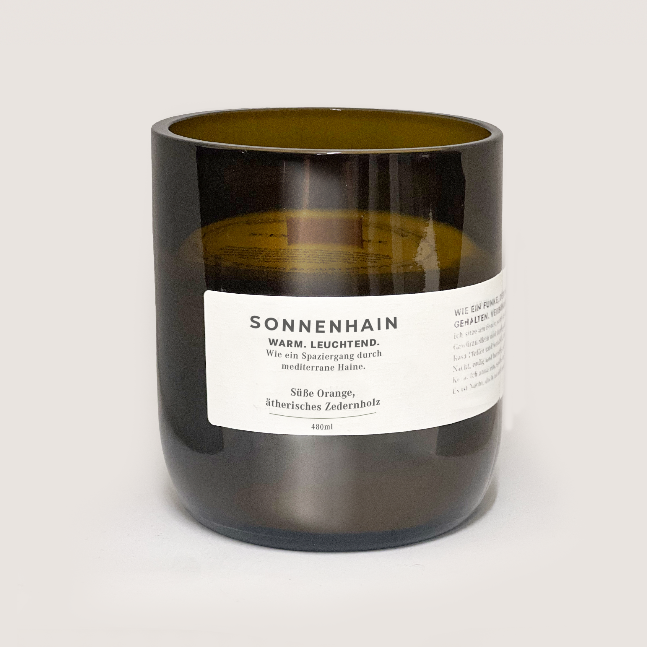 SONNENHAIN 200ml Kerze mit warmem, mediterranem Duft von süßer Orange und ätherischem Zedernholz in 480ml Glas