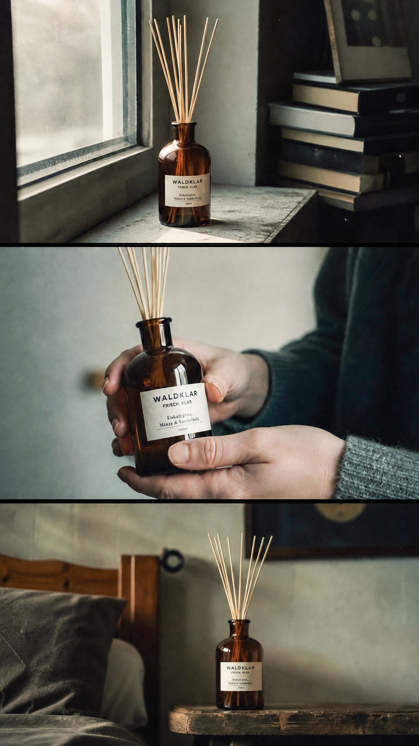 Waldklar Diffuser mit Holzstäbchen und frischem Eukalyptus-Minze-Duft für klare Waldatmosphäre am Morgen